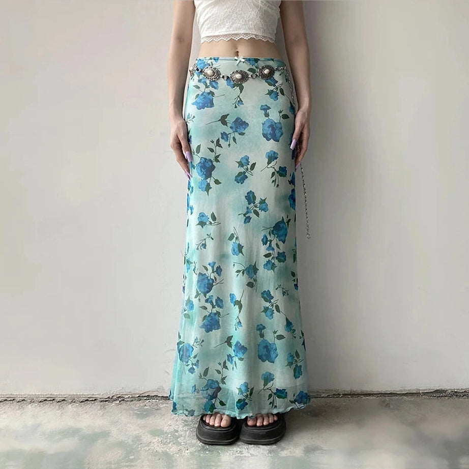 Blue Blossom Mesh Maxi Skirt