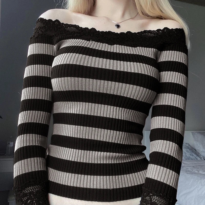 Midnight Stripes Lace Trim Top