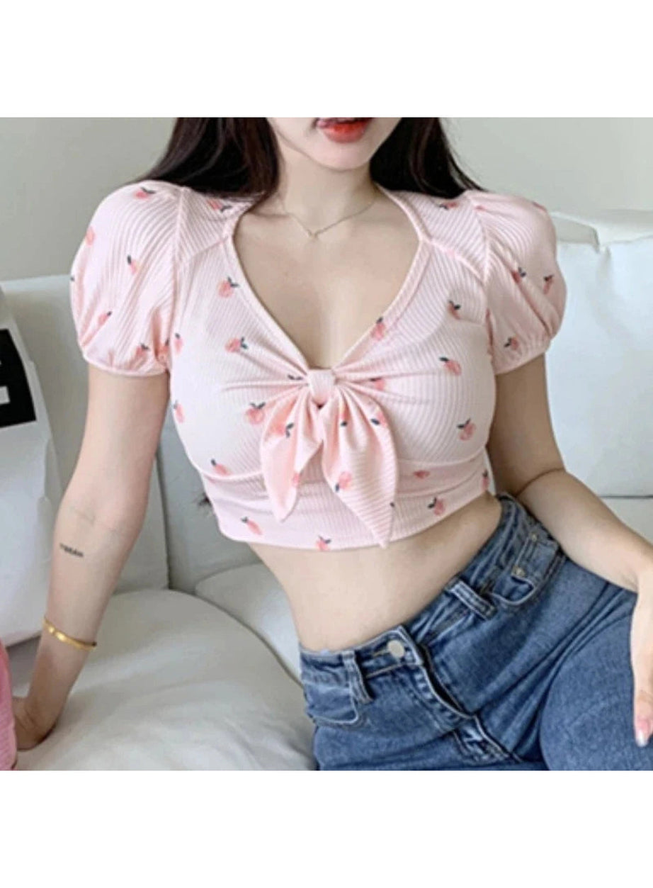 Y2k Kawaii Floral Sexy T-shirts Women Crop Tops Summer Bow Sweet Puff Sleeve Hot Girls European Slim Temper Футболка Женский