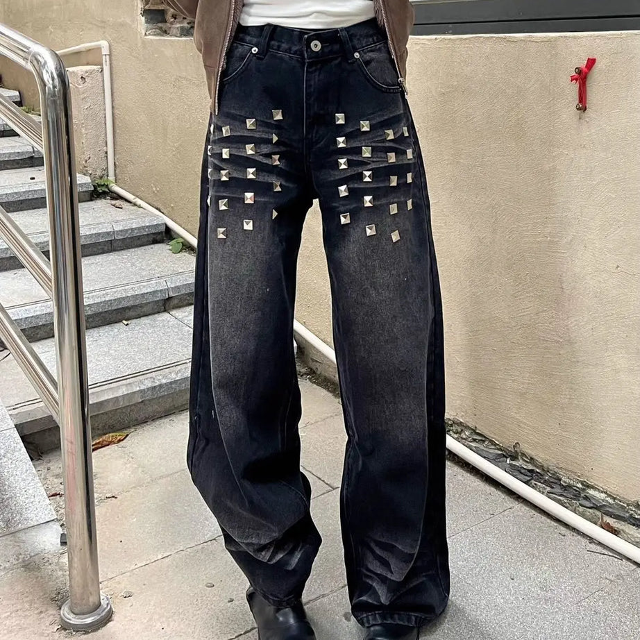Washed Rivet Detail Wide Leg Jeans