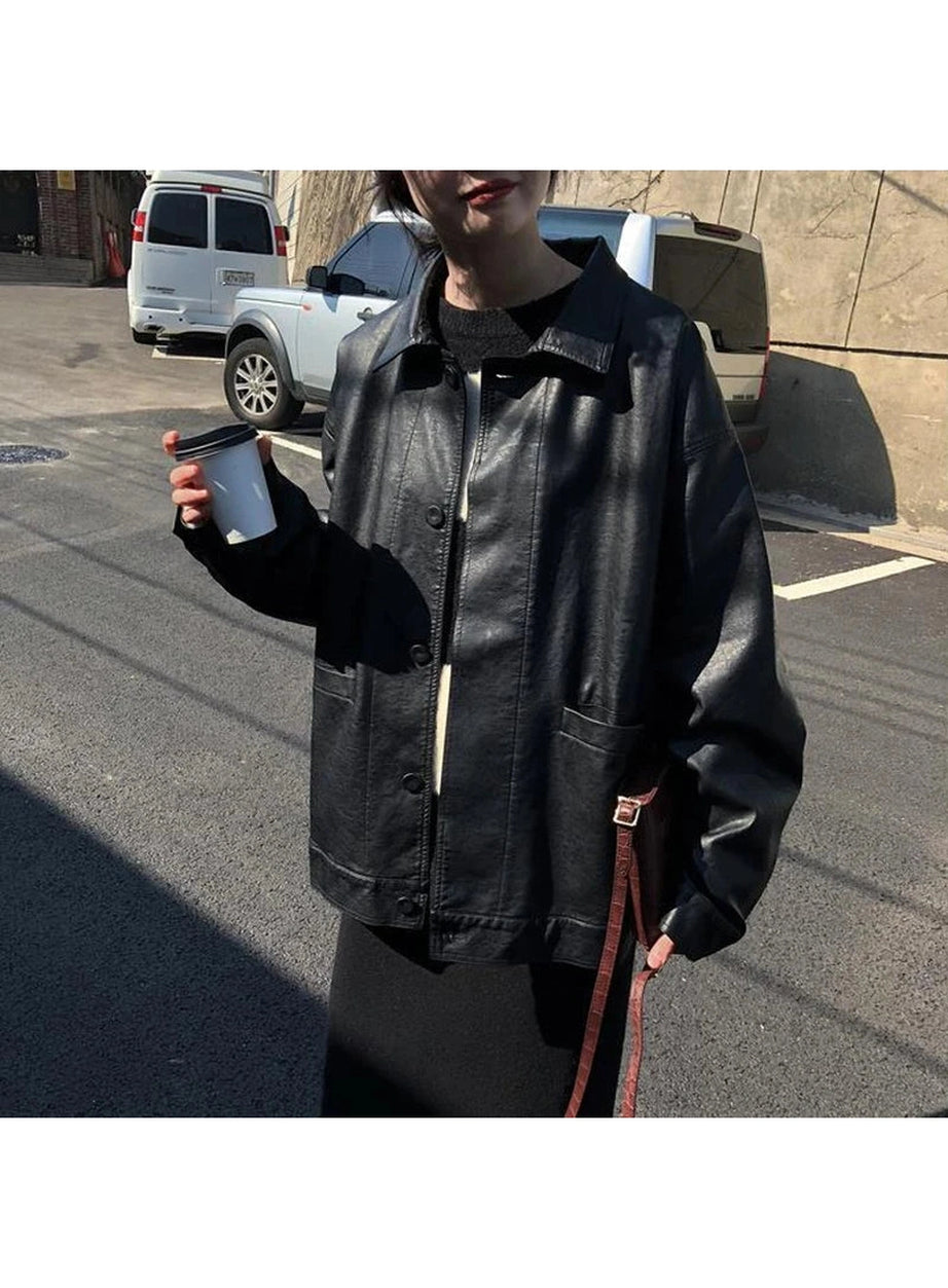 Oversized Black Leather Shirt Jacket