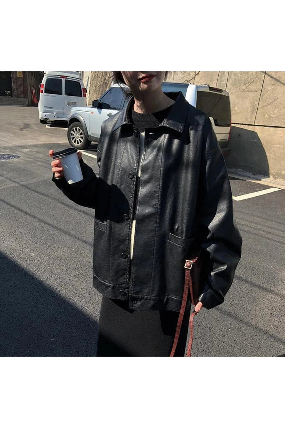 Oversized Black Leather Shirt Jacket