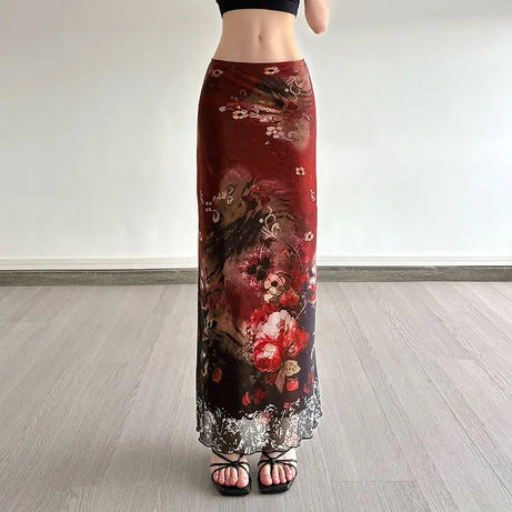 Y2K Crimson Bloom Mesh Midi Skirt