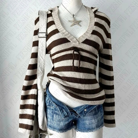 Striped V-Neck Knit Sweater