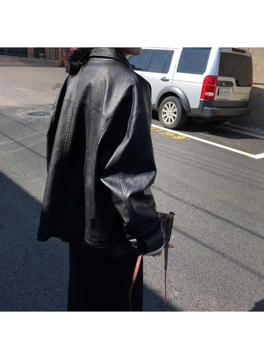 Oversized Black Leather Shirt Jacket