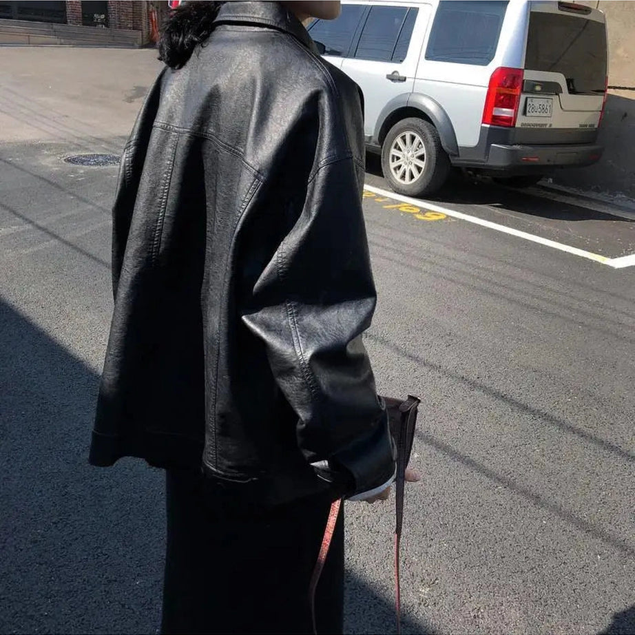 Oversized Black Leather Shirt Jacket