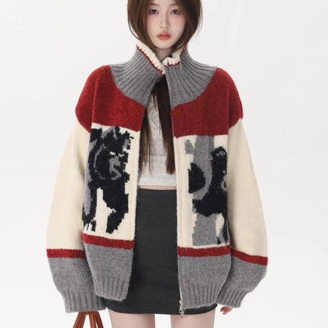 Abstract Knit Zip-Up Cardigan