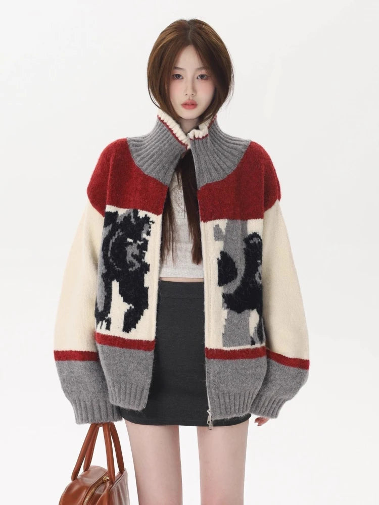Abstract Knit Zip-Up Cardigan