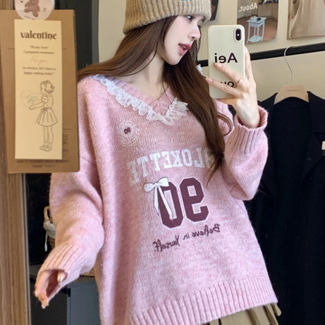 Pink Lace-Trim Graphic Knit Sweater
