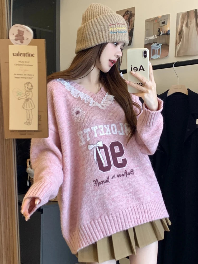Pink Lace-Trim Graphic Knit Sweater