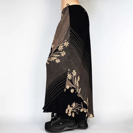 Grunge Black Floral A-Line Maxi Skirt