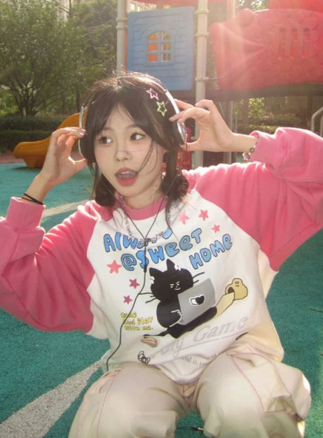 Cozy Gamer Cat Raglan Sweatshirt