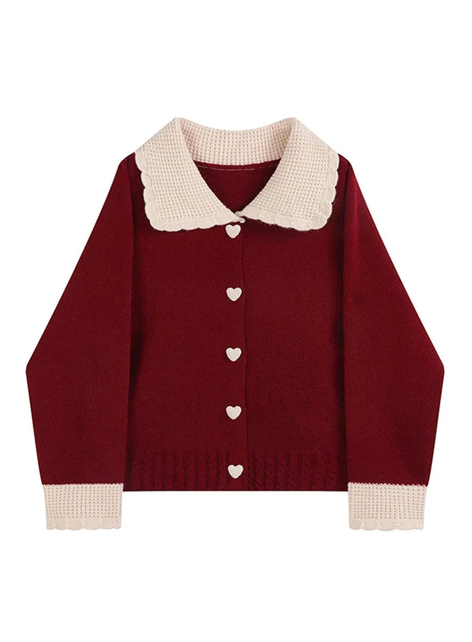 Heart Button Contrast Collar Cardigan