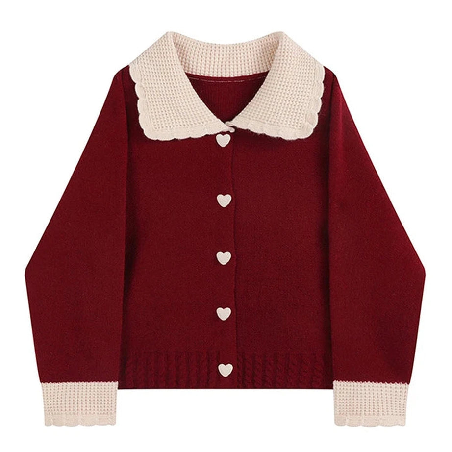 Heart Button Contrast Collar Cardigan