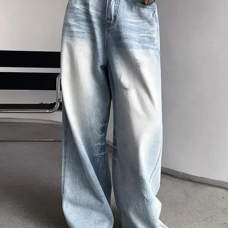 Distressed Light-Wash Wide-Leg Jeans