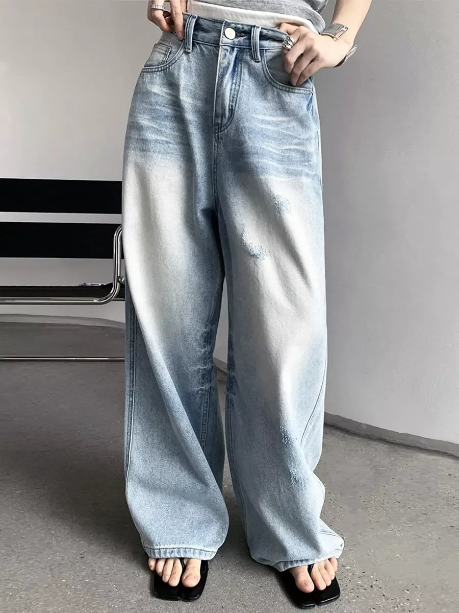 Distressed Light-Wash Wide-Leg Jeans