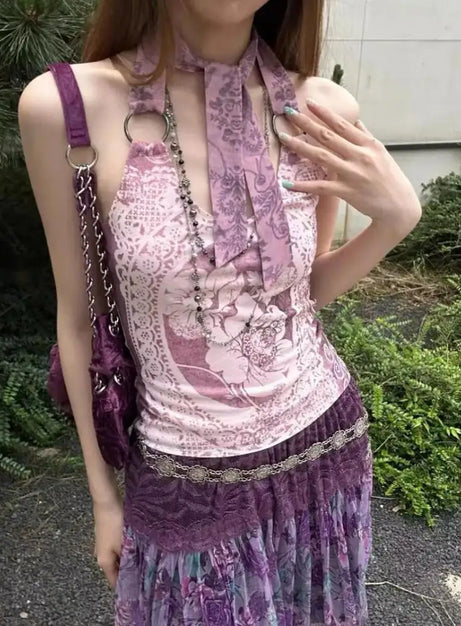 Vintage Charm Scarf Halter Top