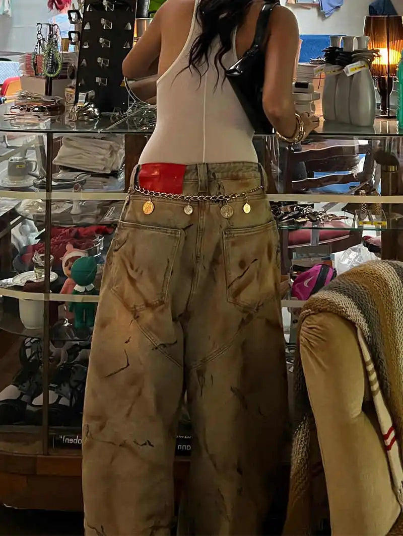 Distressed Grunge Wide-Leg Jeans