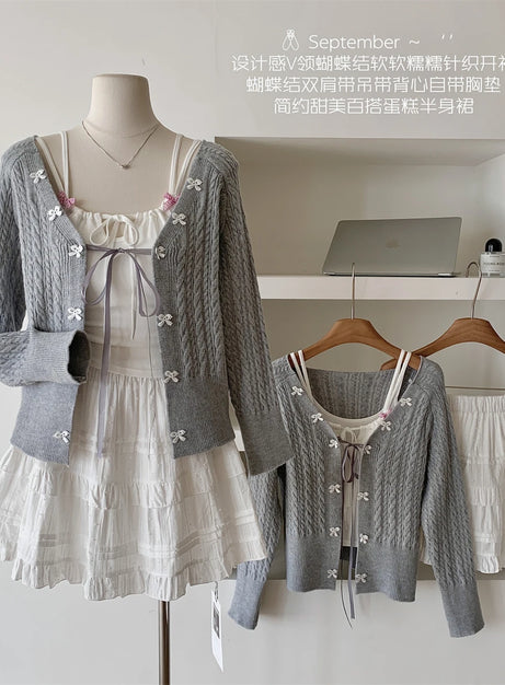 Soft Lace Bow-Knit Outfit Set