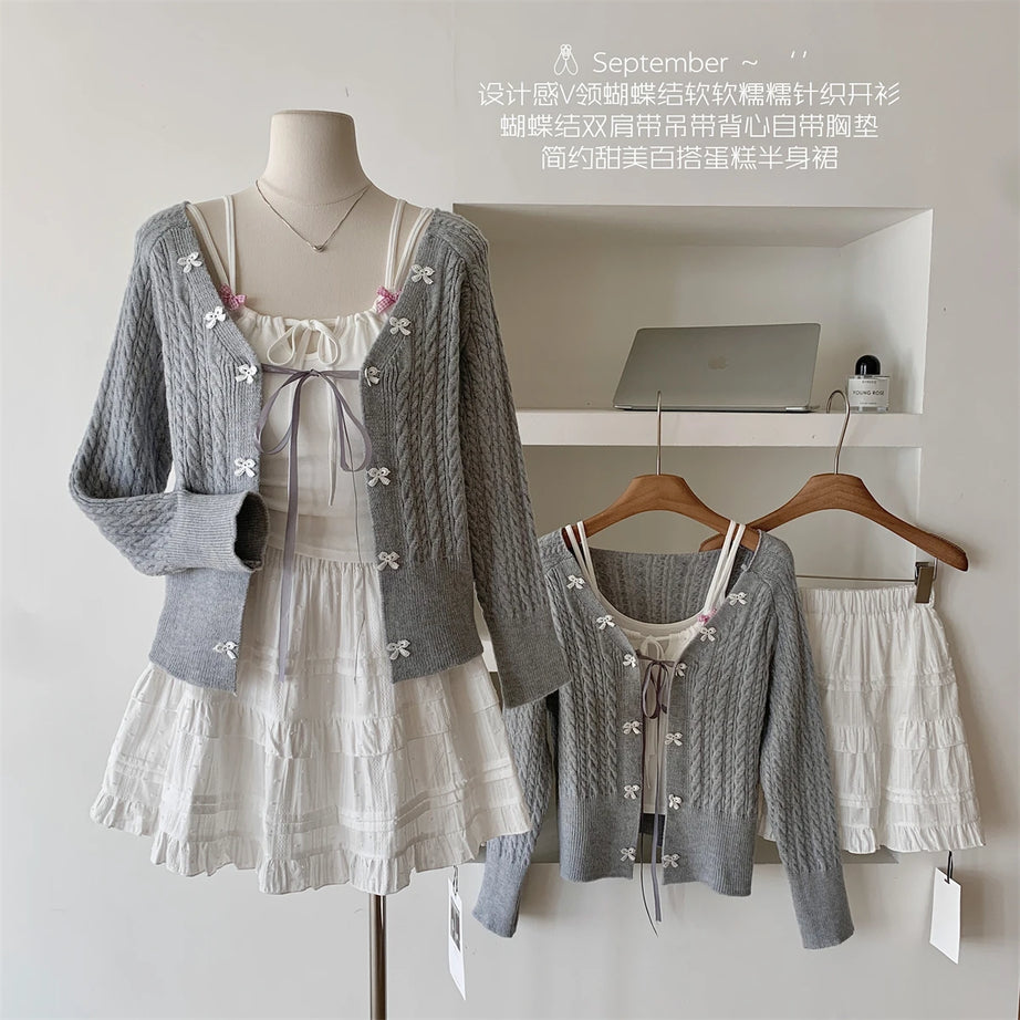 Soft Lace Bow-Knit Outfit Set