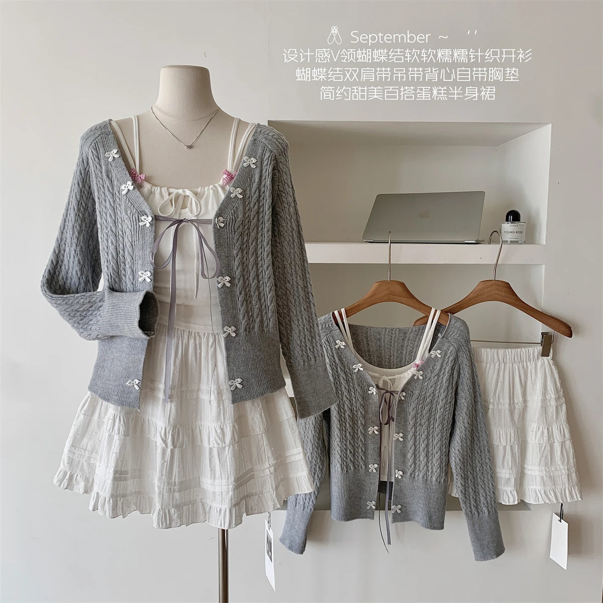 Soft Lace Bow-Knit Outfit Set