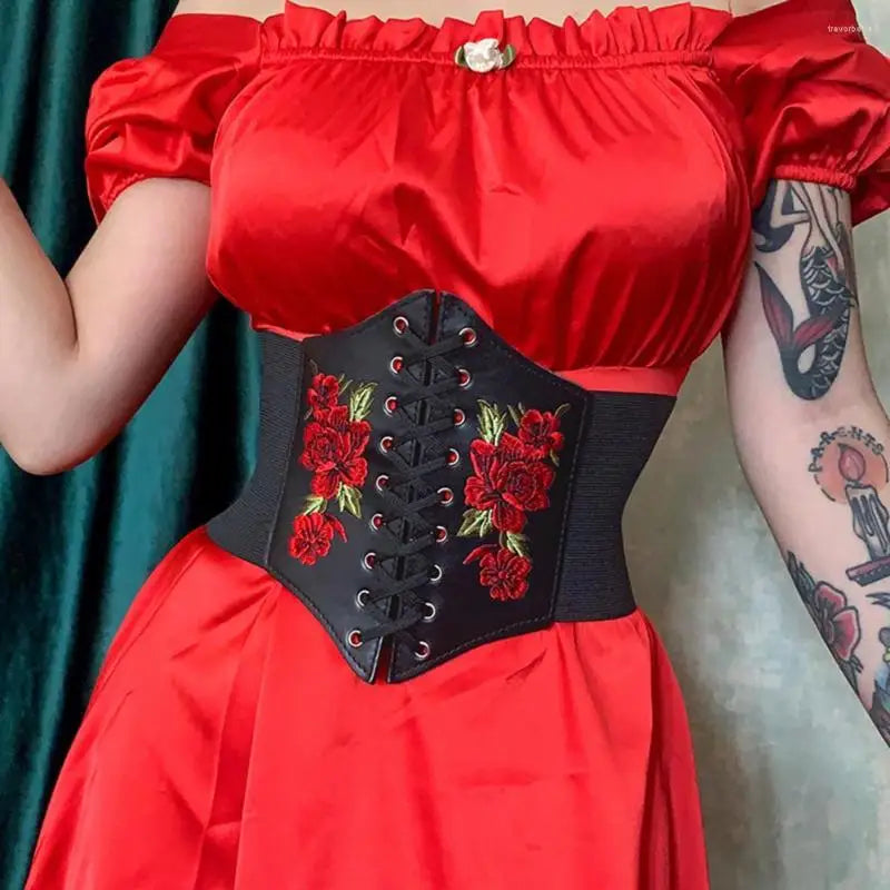 Scarlet Bloom Embroidered Corset Belt