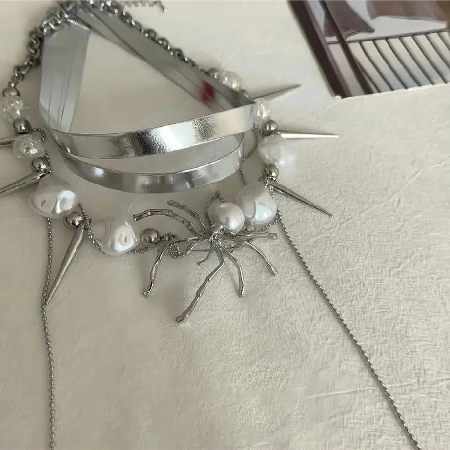Y2k Spider Queen Pearl Spike Choker