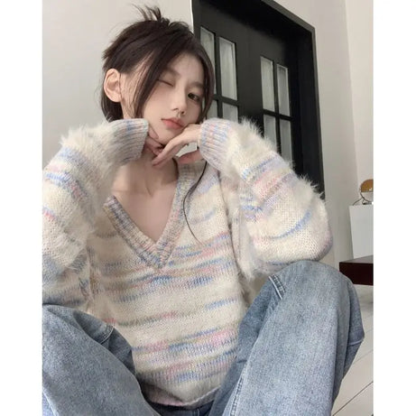 Pastel Striped Fuzzy Knit Sweater