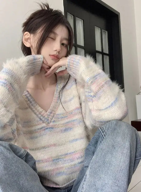 Pastel Striped Fuzzy Knit Sweater