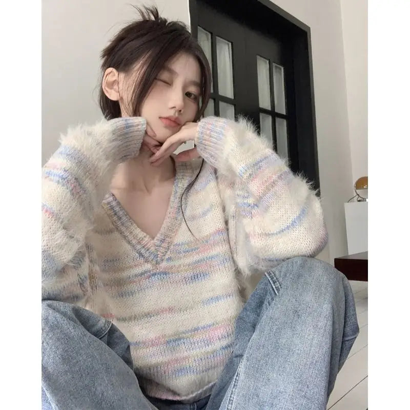 Pastel Striped Fuzzy Knit Sweater