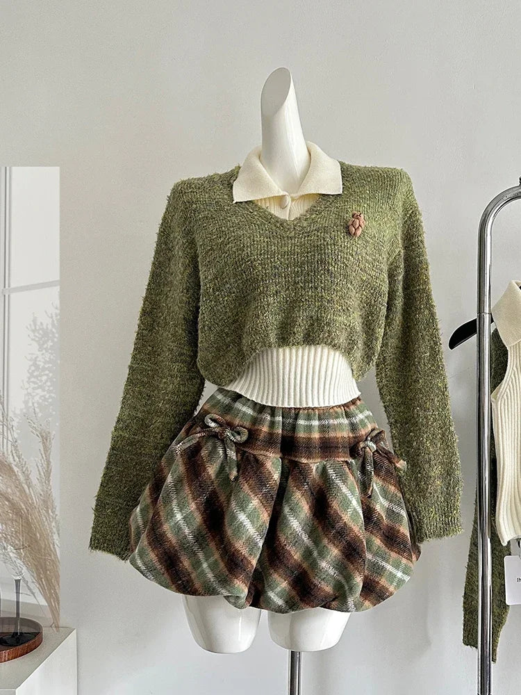 Forest Charm Plaid Skirt Set