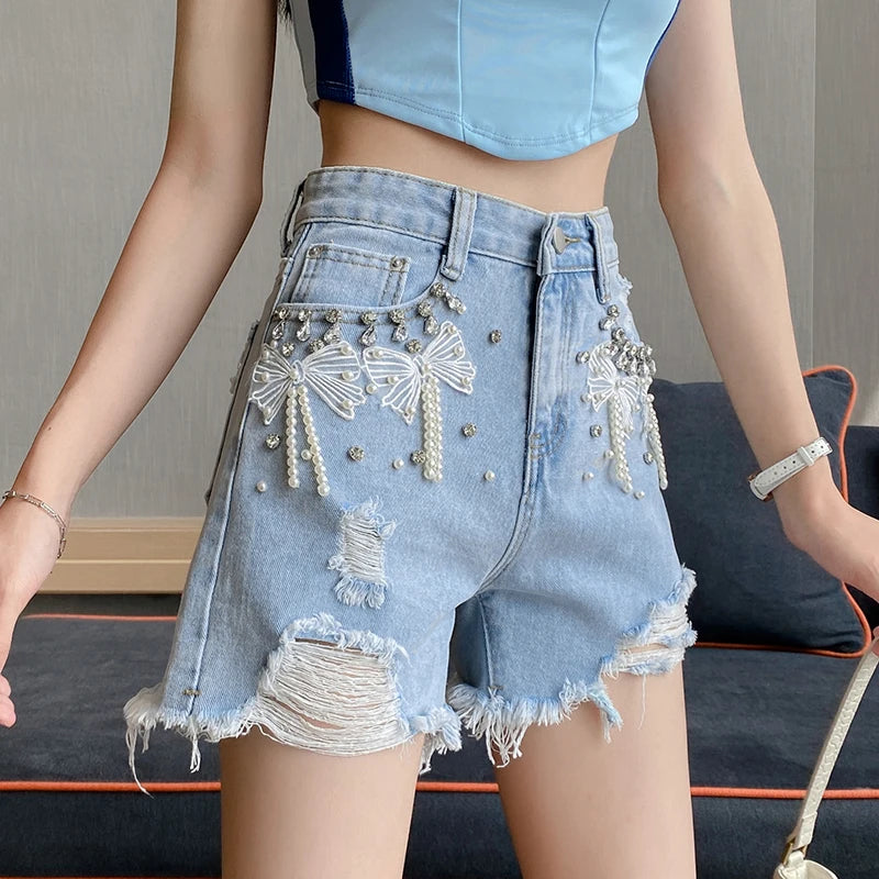 Pearl Bow Embellished Denim Shorts