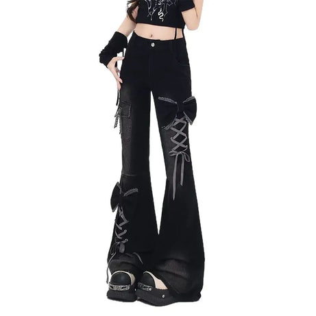 Goth Y2k Lace-Up Bow Flare Cargo Pants