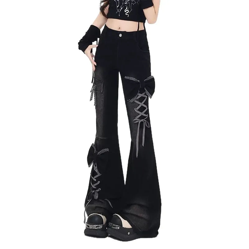 Goth Y2k Lace-Up Bow Flare Cargo Pants
