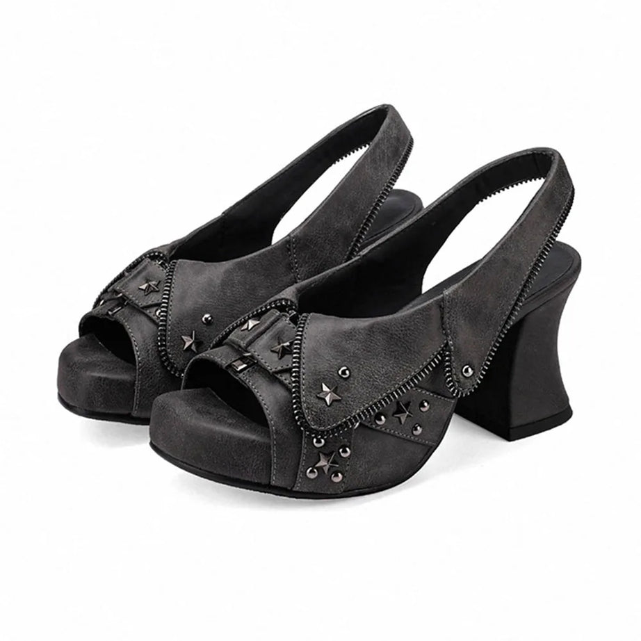Y2K Distressed Denim Star Rivet Slingback Chunky Heel Sandal