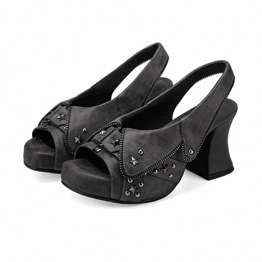 Y2K Distressed Denim Star Rivet Slingback Chunky Heel Sandal