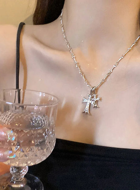 Crystal Rose Gothic Cross Necklace