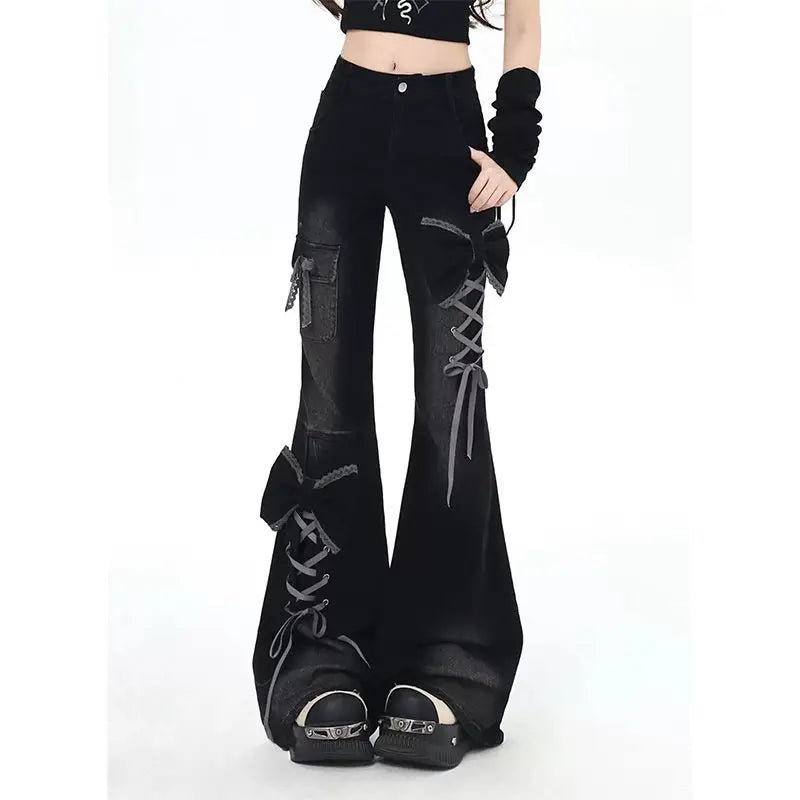 Goth Y2k Lace-Up Bow Flare Cargo Pants
