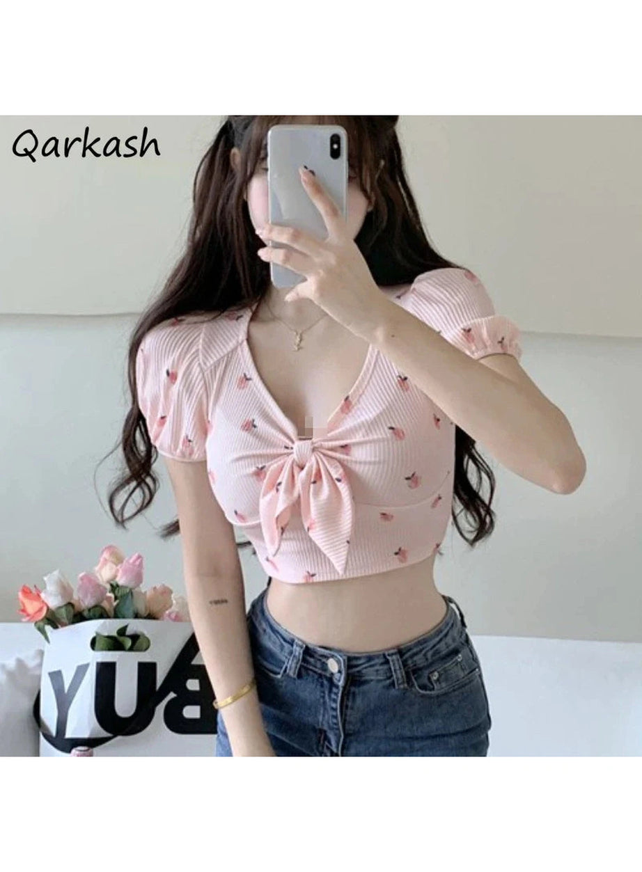 Y2k Kawaii Floral Sexy T-shirts Women Crop Tops Summer Bow Sweet Puff Sleeve Hot Girls European Slim Temper Футболка Женский