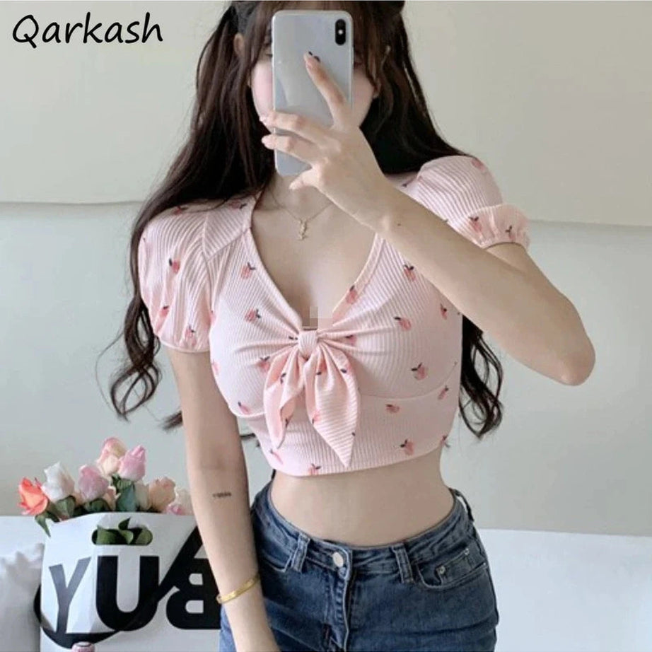 Y2k Kawaii Floral Sexy T-shirts Women Crop Tops Summer Bow Sweet Puff Sleeve Hot Girls European Slim Temper Футболка Женский