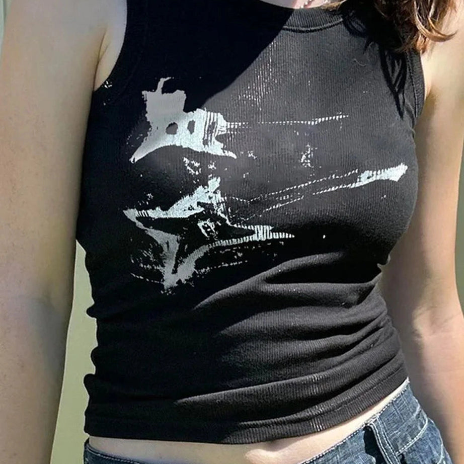 Distressed Graphic Ribbed Top