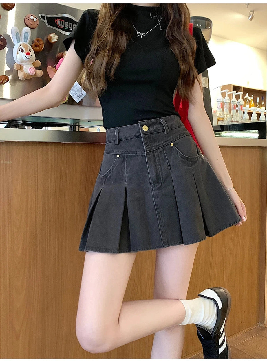 Pleated High-Waisted Denim Skirt
