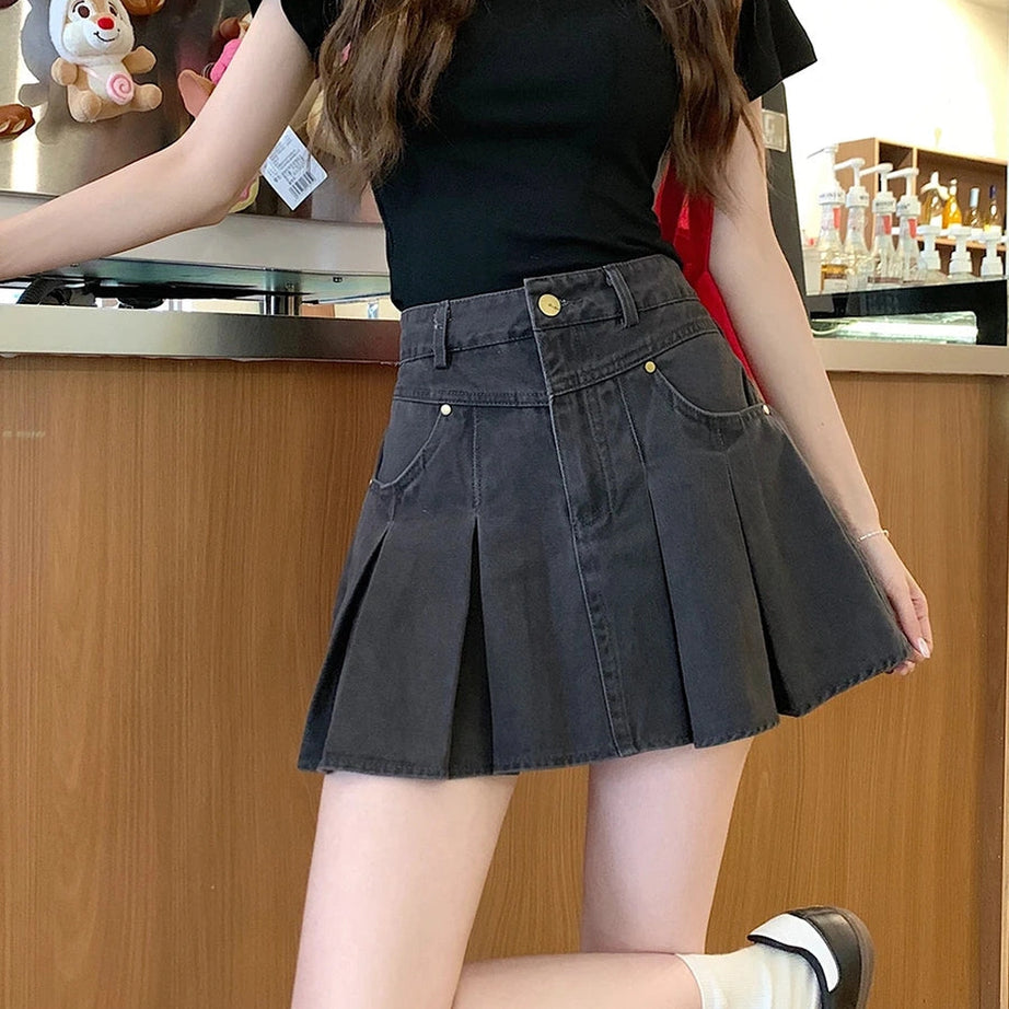 Pleated High-Waisted Denim Skirt