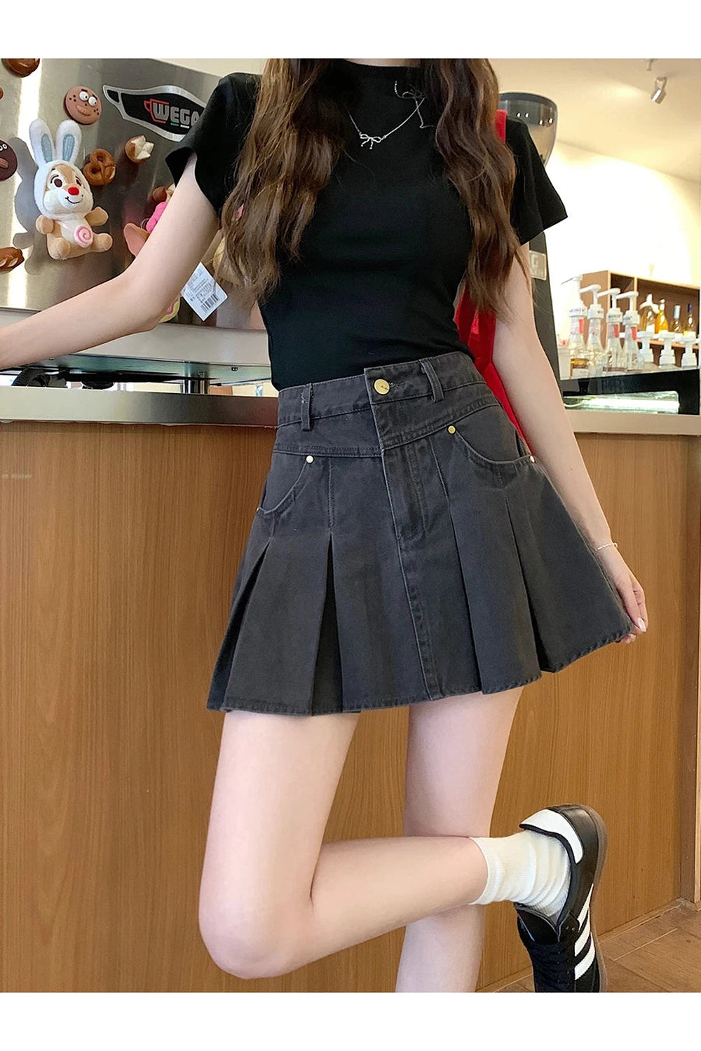 Pleated High-Waisted Denim Skirt