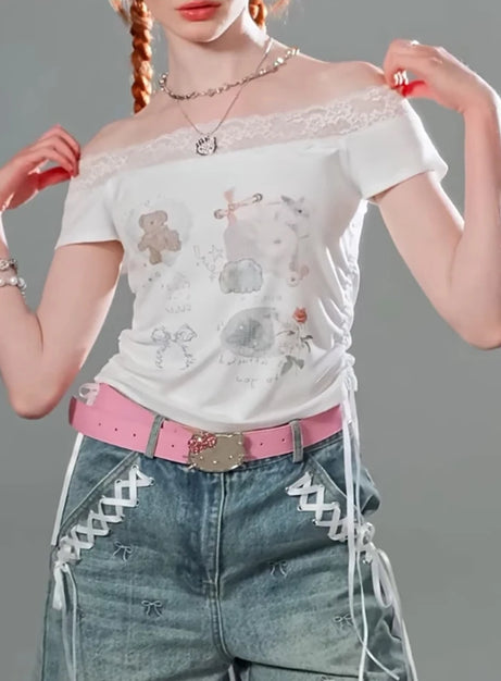 Lace-Trimmed Off-Shoulder Graphic Top