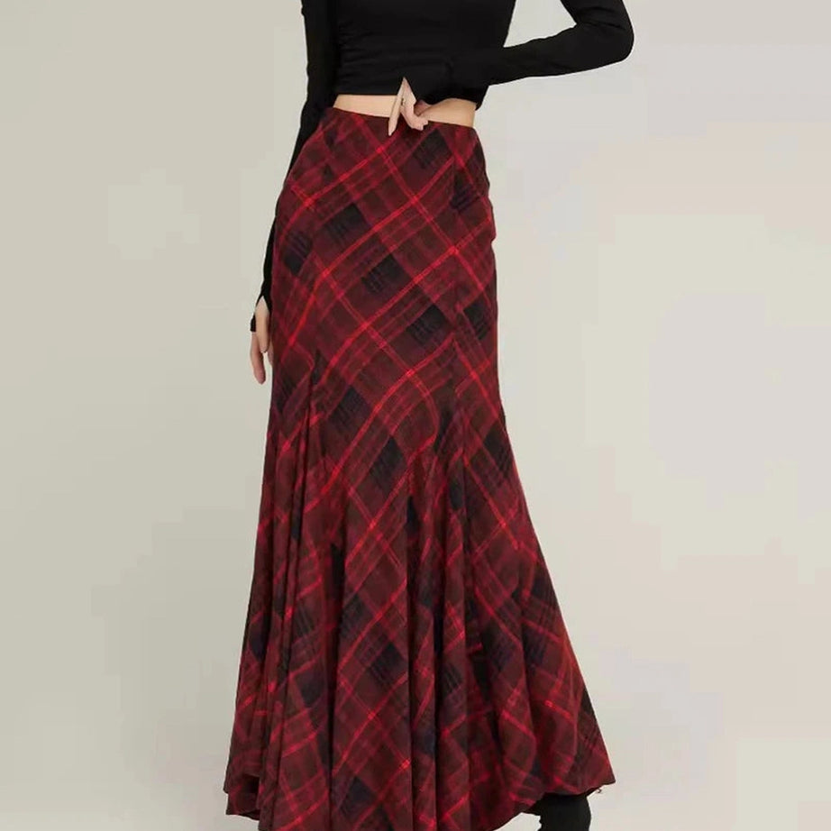 Red Plaid Mermaid Maxi Skirt