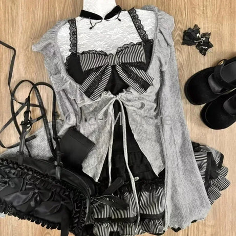 Dark Doll Bow-Knit Outfit Set