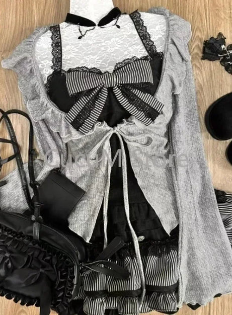 Dark Doll Bow-Knit Outfit Set