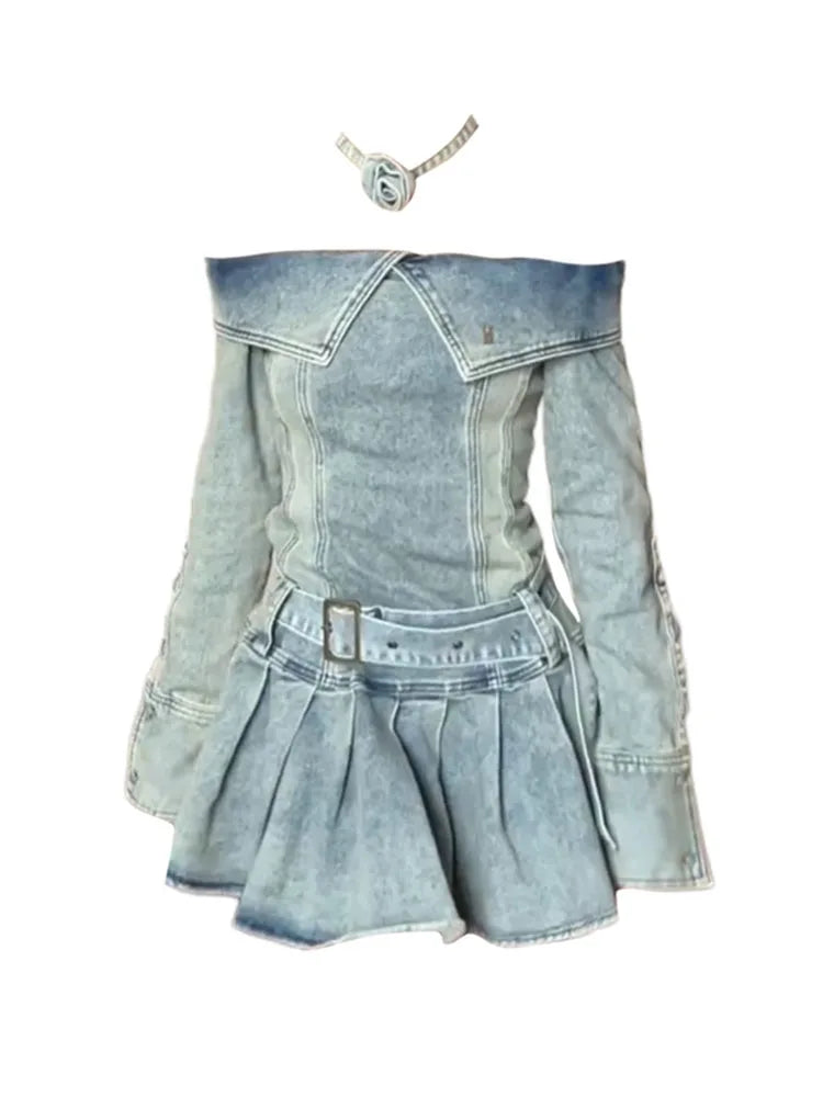 Y2k Denim Dream schulterfreies Minikleid