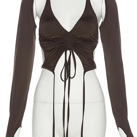 Mocha Ruched Tie-Up Top